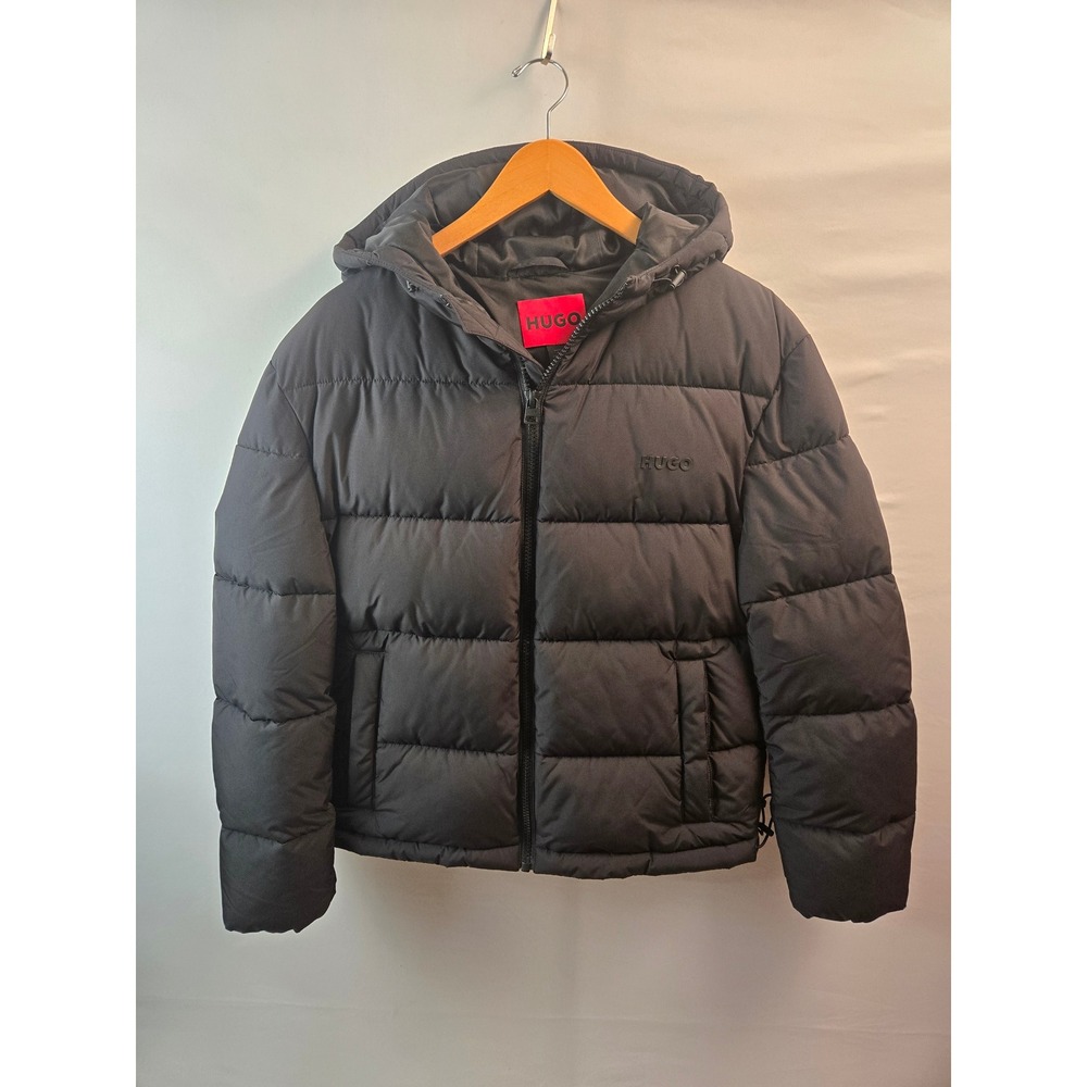 HUGO Hugo Boss Puffer Jacket Black Hooded Quilted Coat Mens Medium